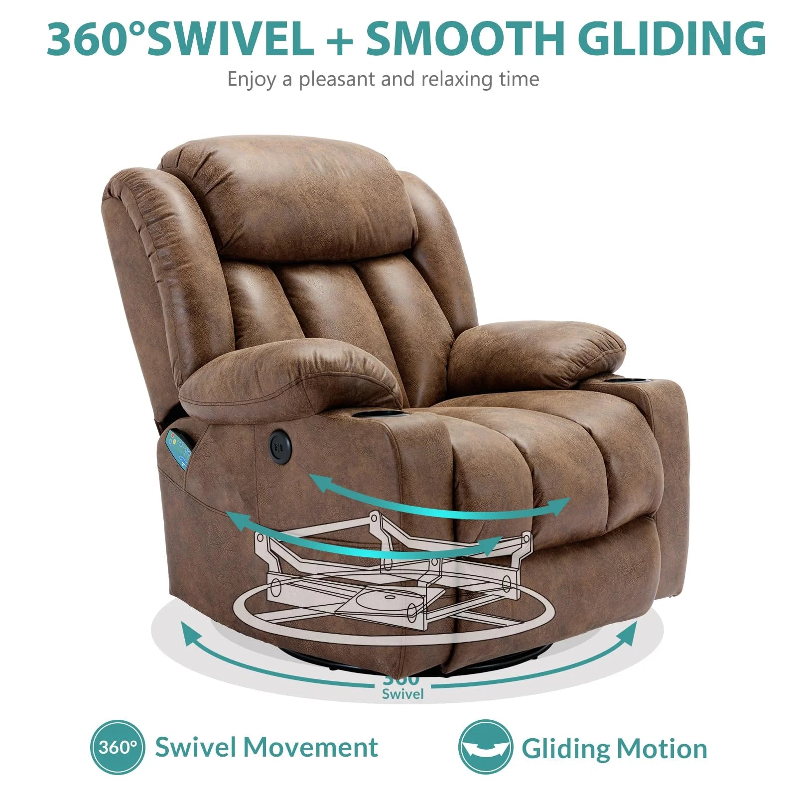 Massage Swivel Rocker Recliner with Heat and Vibration, Manual Glider Rocking Recliner Chair, 360°Swivel Lounge Reclining Chair with Cup Holder/Remote Control/Usb Ports(Brown)