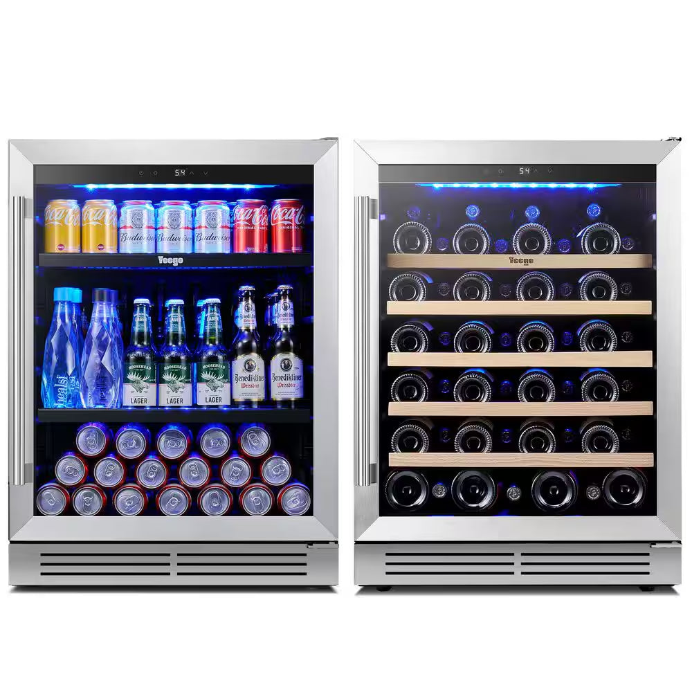 48 In. Dual Zone 52-Wine Bottles 140-Cans Beverage and Wine Cooler Side-By-Side Refrigerator Built-In Fridge in Black