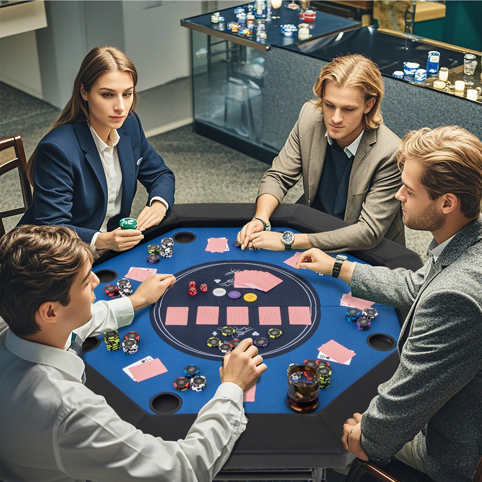 48 Inches Foldable Poker Table with Padded Rails and Cup Holders-Blue