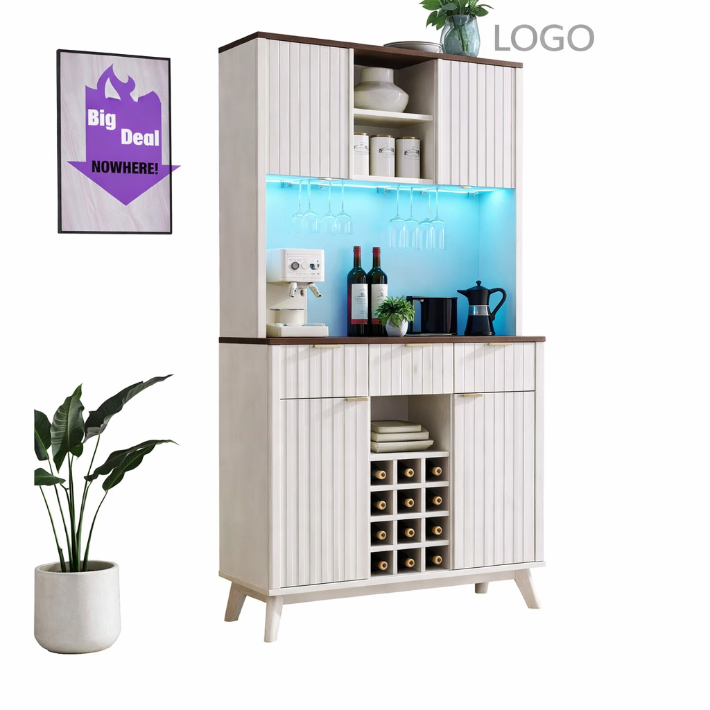 72" Tall Wine Bar Cabinet with Storage Hutch, Modern Wood Fluted Coffee Bar Cabinet with LED Lights and 10 Tier Storage