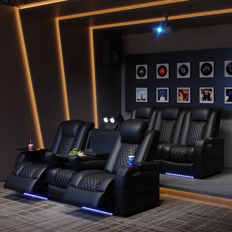 Home Theater Seating Seats, Movie Theater Chairs Theater Recliner with 7 Colors Ambient Lighting, Lumbar Pillow, Touch Reading Lights, Tray Table (Black, Row of 3)