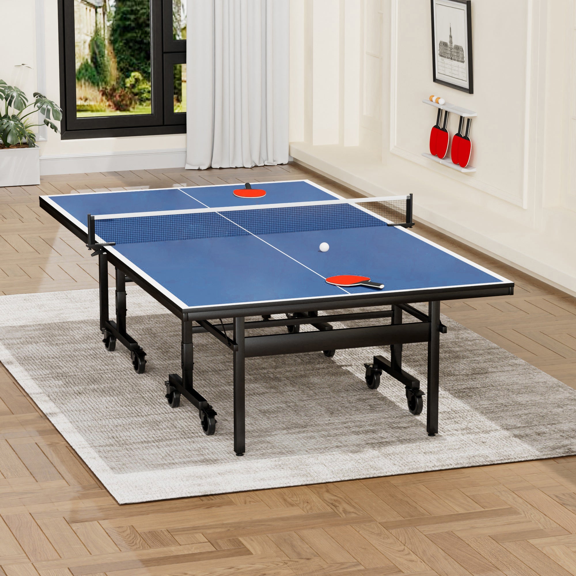 Indoor Table Tennis Table 108 x 60 Inch with 15mm MDF Top, Net and Paddle Set, Foldable Ping Pong Table