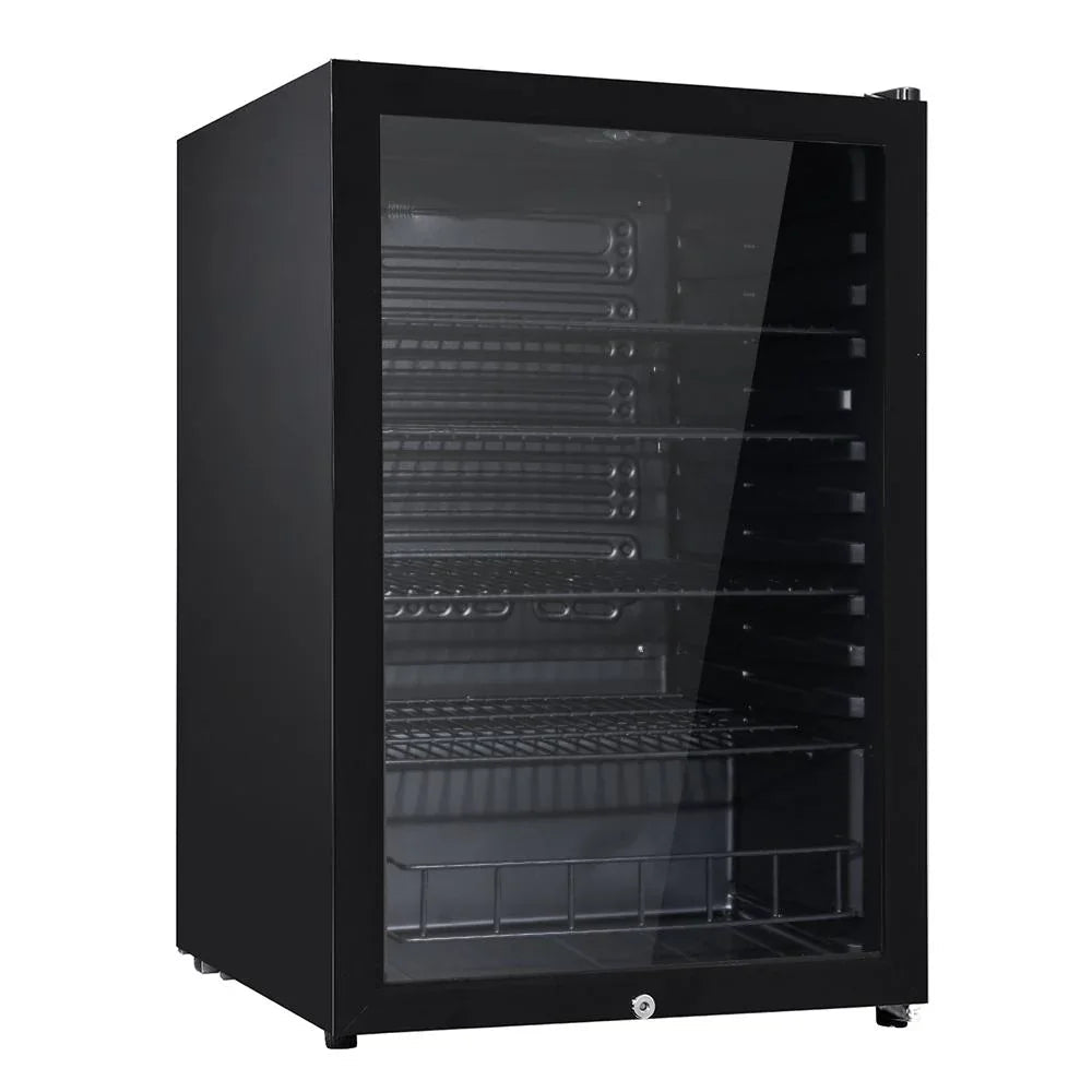 Devanti 115L Glass Door Bar Fridge with Mini Freezer, Adjustable Shelves, LED Light, Black