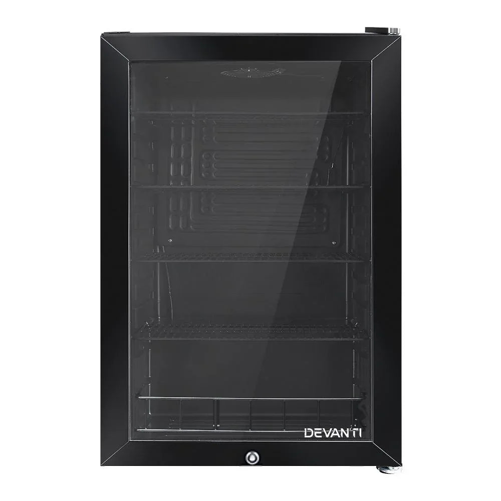 Devanti 115L Glass Door Bar Fridge with Mini Freezer, Adjustable Shelves, LED Light, Black