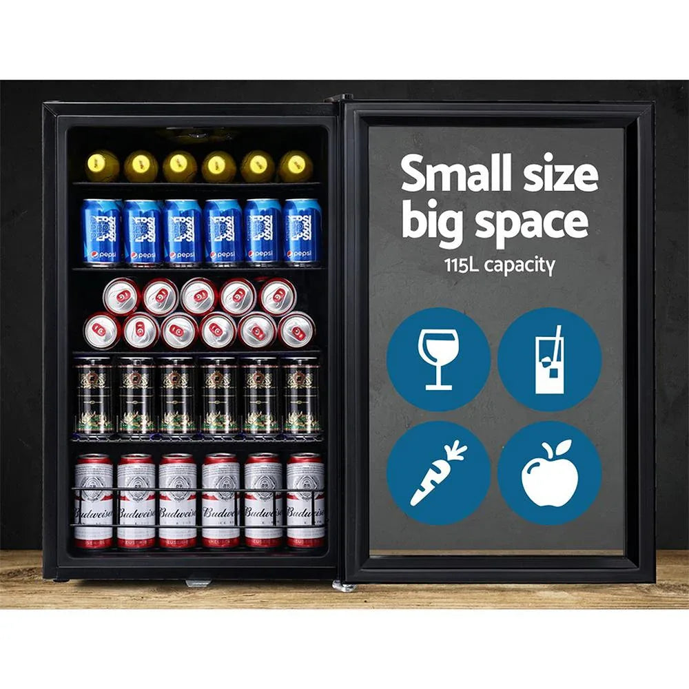 Devanti 115L Glass Door Bar Fridge with Mini Freezer, Adjustable Shelves, LED Light, Black