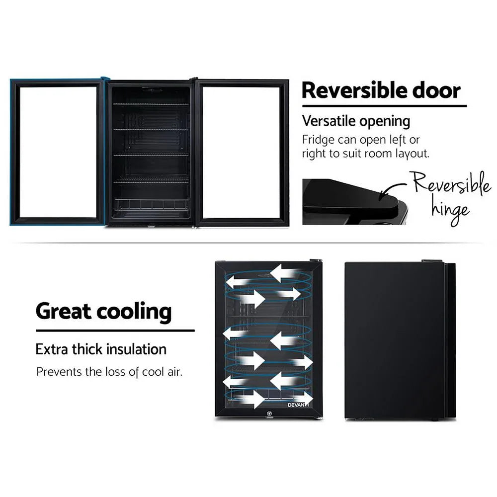 Devanti 115L Glass Door Bar Fridge with Mini Freezer, Adjustable Shelves, LED Light, Black