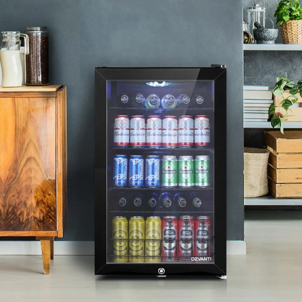 Devanti 115L Glass Door Bar Fridge with Mini Freezer, Adjustable Shelves, LED Light, Black
