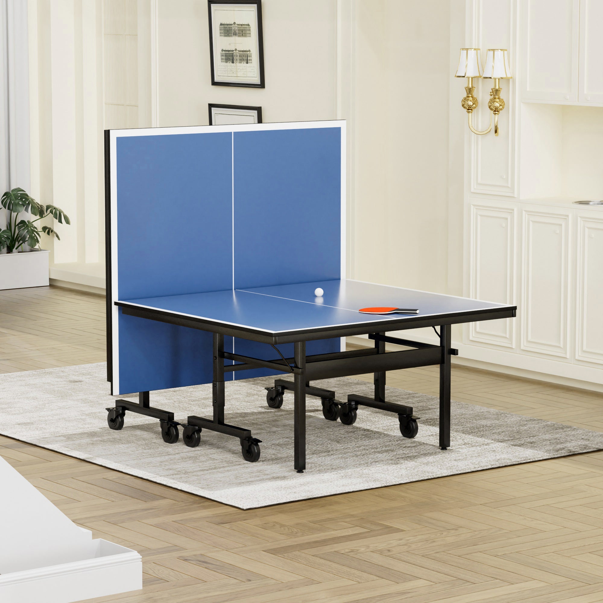 Indoor Table Tennis Table 108 x 60 Inch with 15mm MDF Top, Net and Paddle Set, Foldable Ping Pong Table