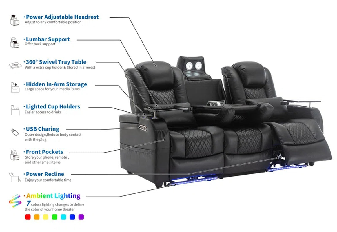 Home Theater Seating Seats, Movie Theater Chairs Theater Recliner with 7 Colors Ambient Lighting, Lumbar Pillow, Touch Reading Lights, Tray Table (Black, Row of 3)