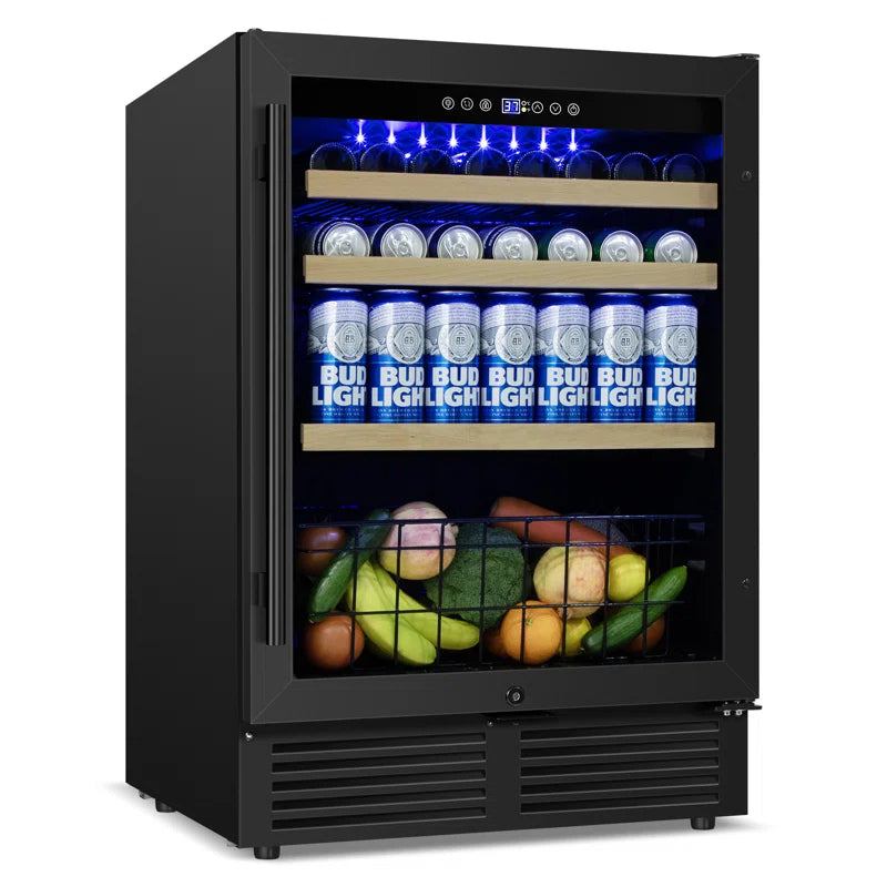 24" Beverage Refrigerator 210 Cans Beverage Cooler Reversible Door Recessed Black Beer Fridge with 1 Basket