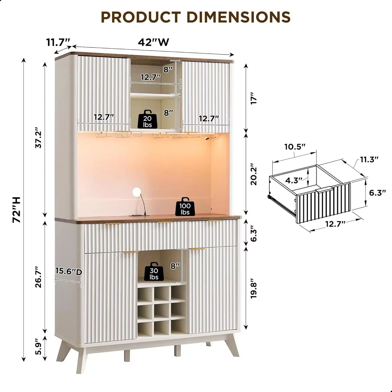 72" Tall Wine Bar Cabinet with Storage Hutch, Modern Wood Fluted Coffee Bar Cabinet with LED Lights and 10 Tier Storage