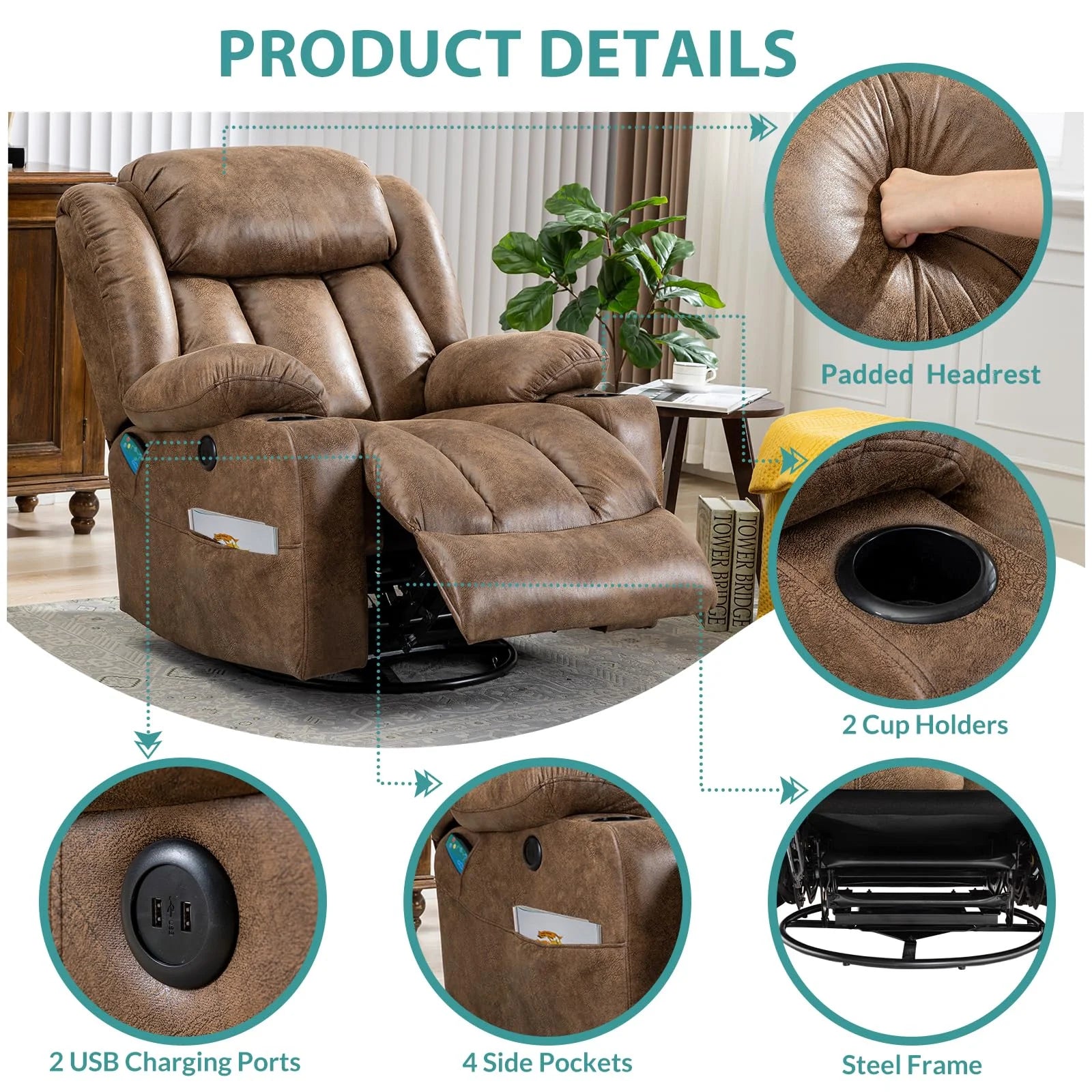 Massage Swivel Rocker Recliner with Heat and Vibration, Manual Glider Rocking Recliner Chair, 360°Swivel Lounge Reclining Chair with Cup Holder/Remote Control/Usb Ports(Brown)