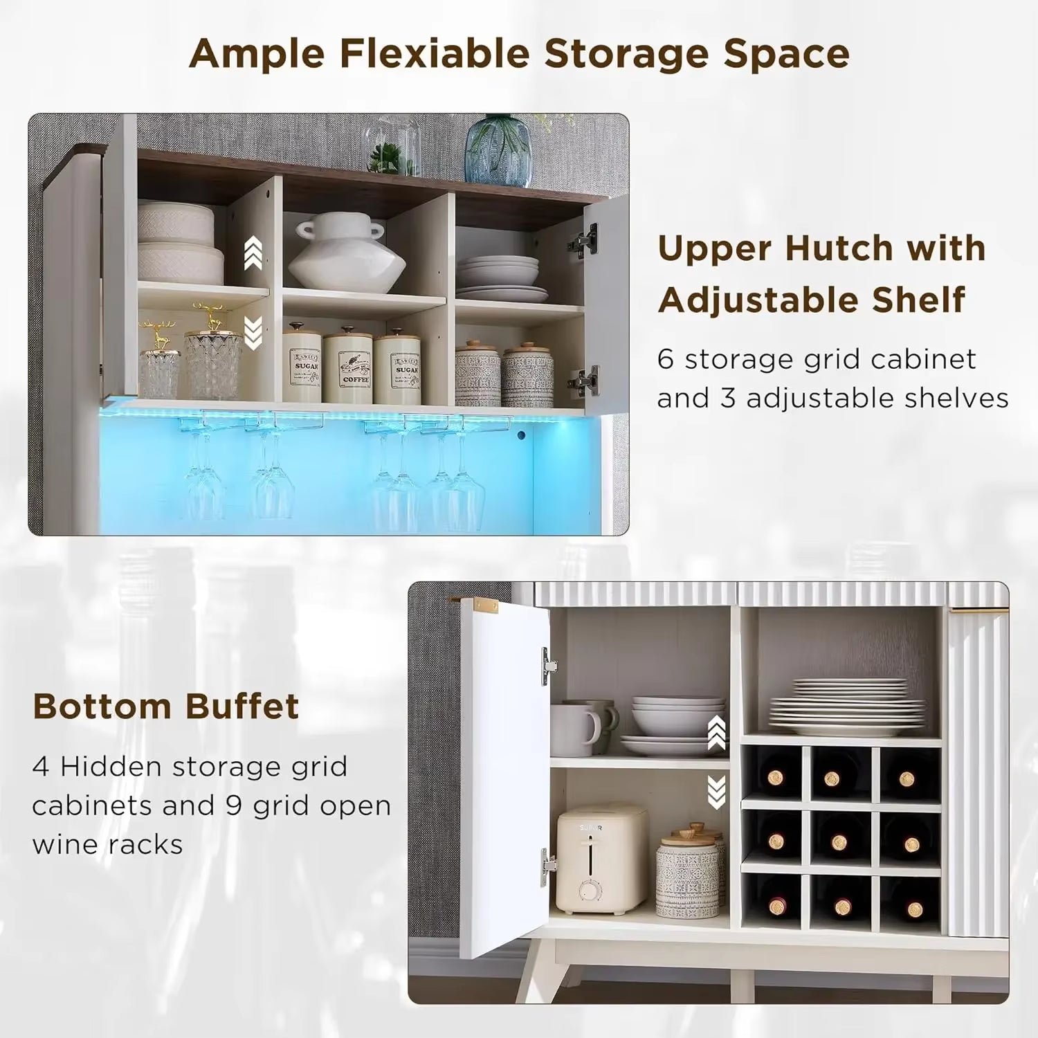 72" Tall Wine Bar Cabinet with Storage Hutch, Modern Wood Fluted Coffee Bar Cabinet with LED Lights and 10 Tier Storage