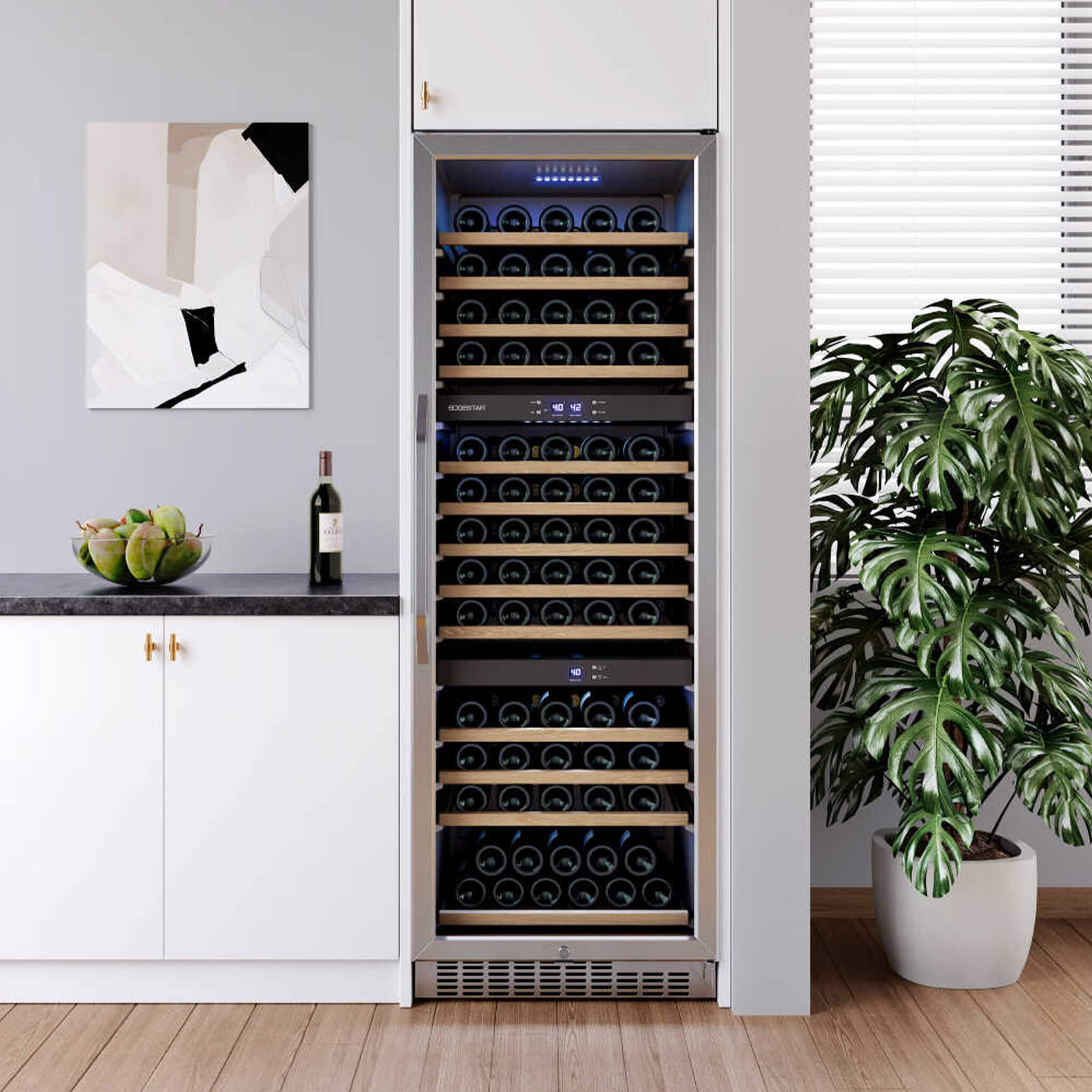 EdgeStar 24-Inch Built-In Triple Zone Wine Cooler, 131 Bottle Capacity, Low-E Glass Door, Blue LED Lighting