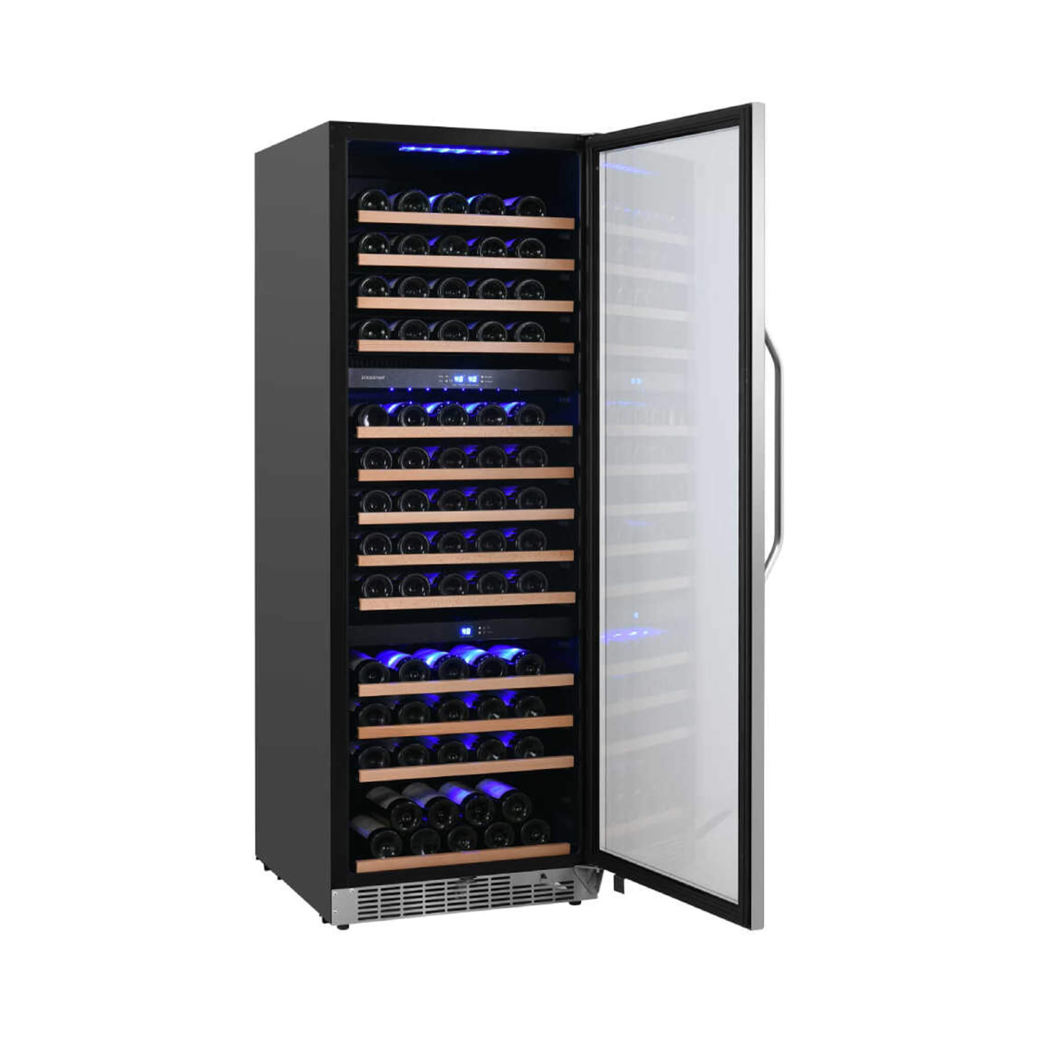 EdgeStar 24-Inch Built-In Triple Zone Wine Cooler, 131 Bottle Capacity, Low-E Glass Door, Blue LED Lighting