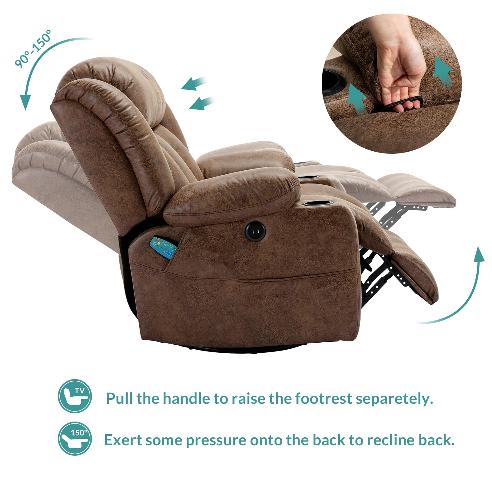 Massage Swivel Rocker Recliner with Heat and Vibration, Manual Glider Rocking Recliner Chair, 360°Swivel Lounge Reclining Chair with Cup Holder/Remote Control/Usb Ports(Brown)