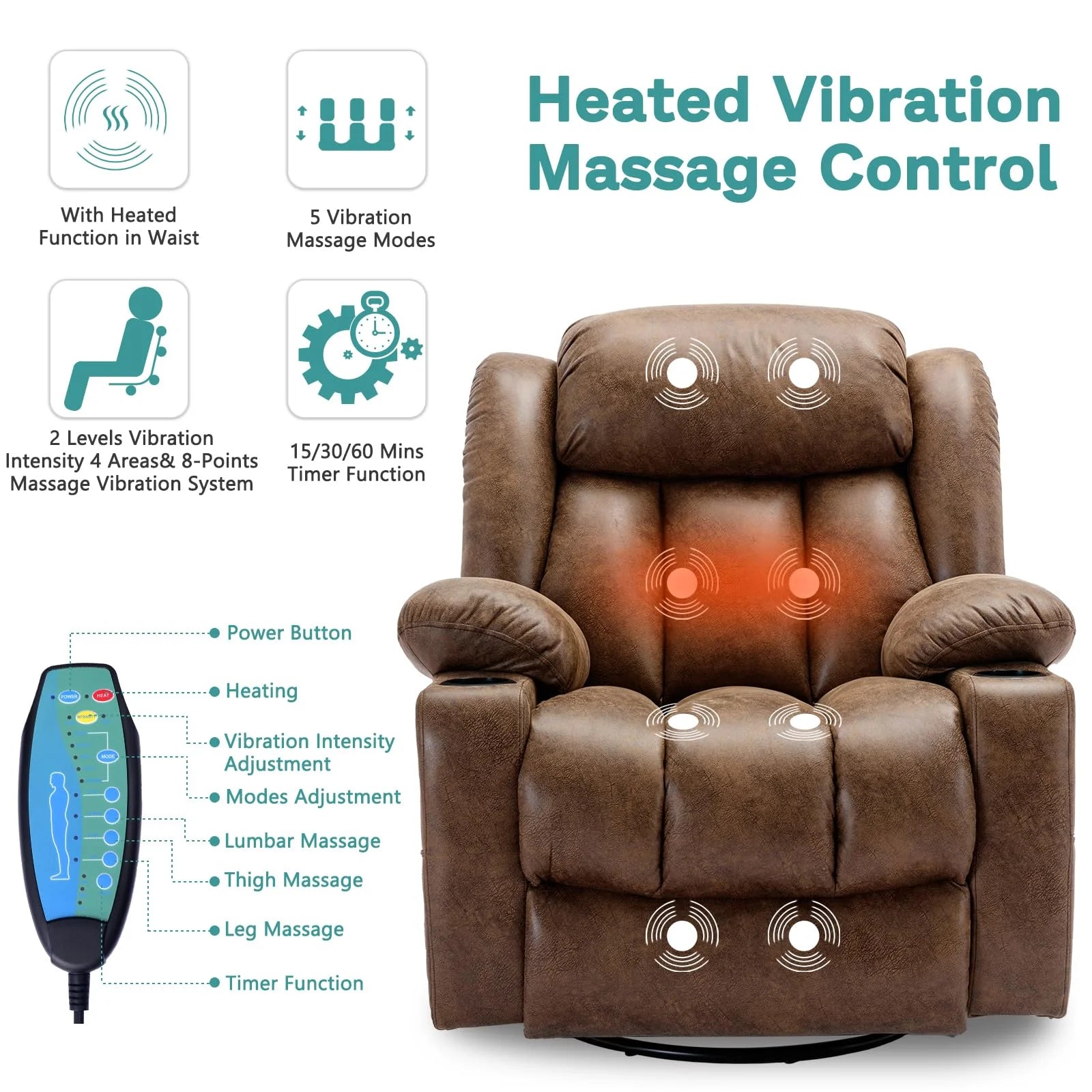 Massage Swivel Rocker Recliner with Heat and Vibration, Manual Glider Rocking Recliner Chair, 360°Swivel Lounge Reclining Chair with Cup Holder/Remote Control/Usb Ports(Brown)