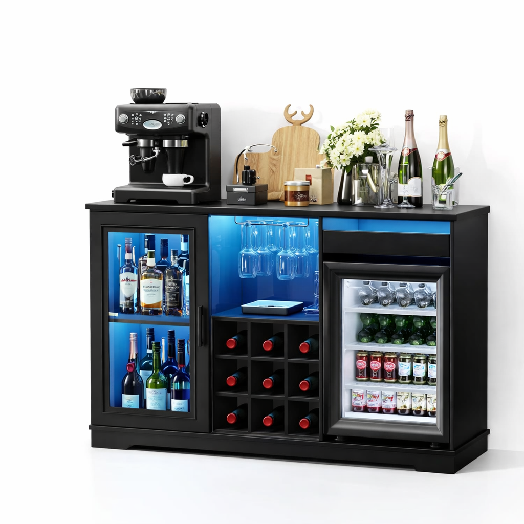 Wine Bar Cabinet with Fridge (Included), Liquor Coffee Cabinet with LED Lights & Rack, Mini Fridge Cabinet with Storage, Human B