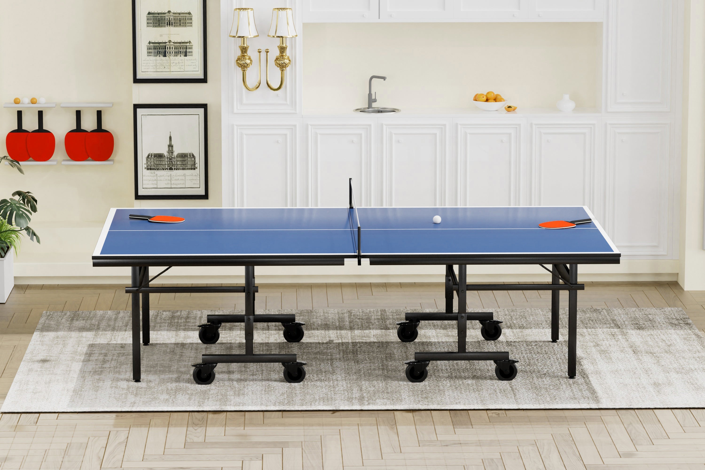 Indoor Table Tennis Table 108 x 60 Inch with 15mm MDF Top, Net and Paddle Set, Foldable Ping Pong Table