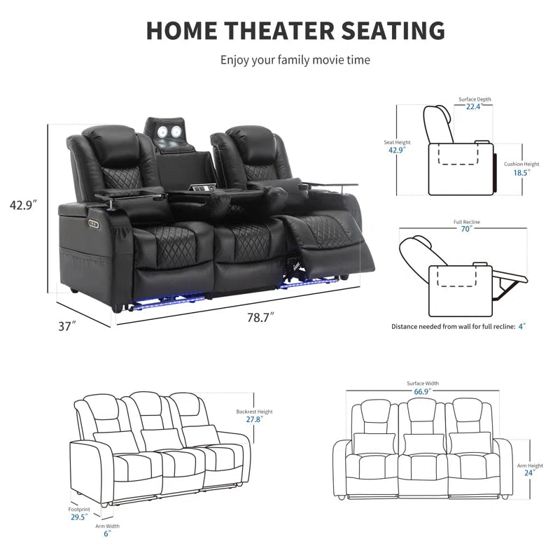 Home Theater Seating Seats, Movie Theater Chairs Theater Recliner with 7 Colors Ambient Lighting, Lumbar Pillow, Touch Reading Lights, Tray Table (Black, Row of 3)
