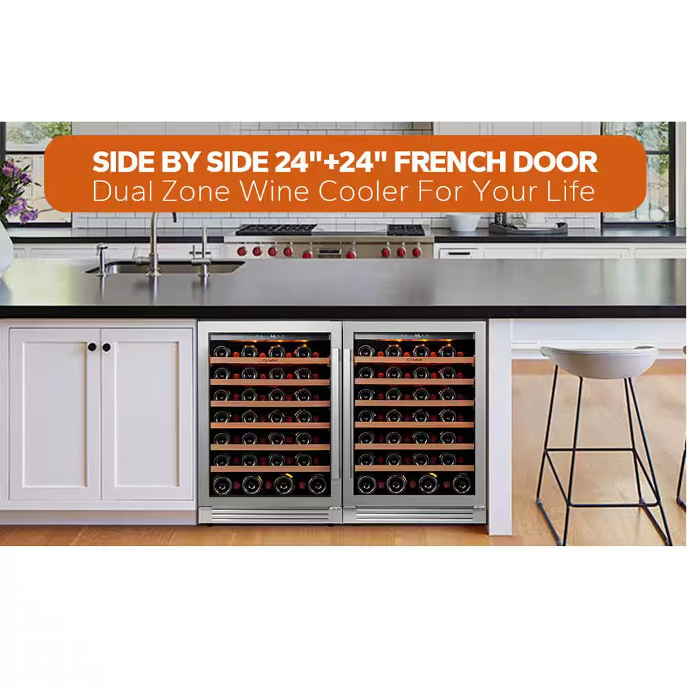 48 In. Dual Zone Cellar Cooling Unit 108-Bottles Built- in Wine Cooler Side-By-Side Refrigerator Mini Fridge in Black
