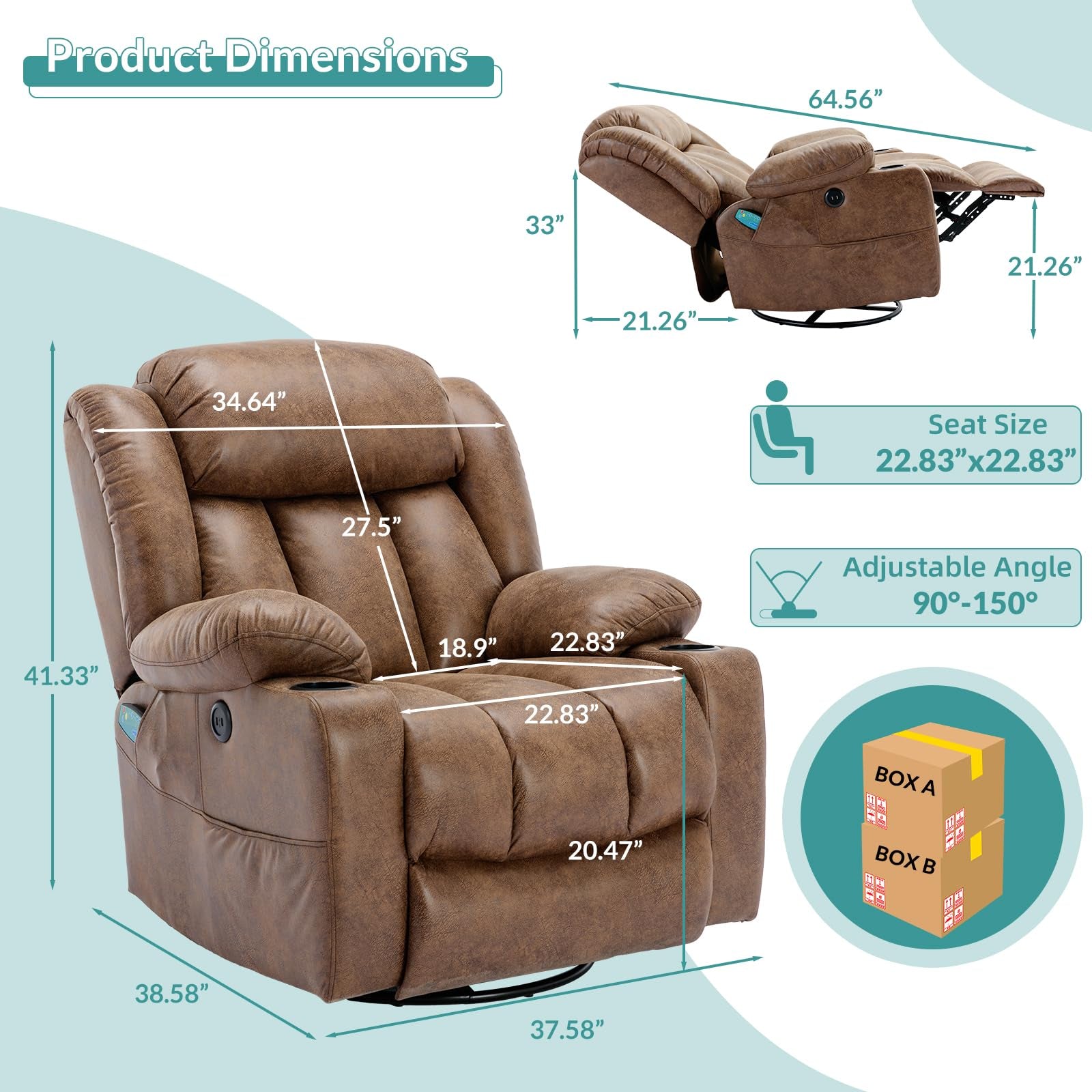 Massage Swivel Rocker Recliner with Heat and Vibration, Manual Glider Rocking Recliner Chair, 360°Swivel Lounge Reclining Chair with Cup Holder/Remote Control/Usb Ports(Brown)