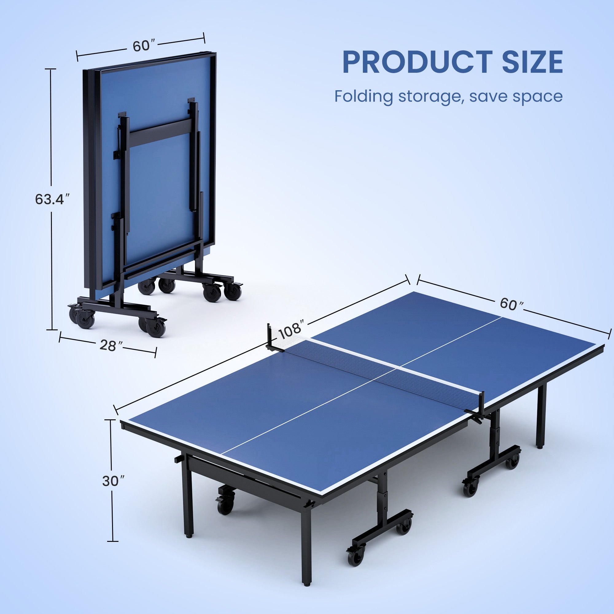 Indoor Table Tennis Table 108 x 60 Inch with 15mm MDF Top, Net and Paddle Set, Foldable Ping Pong Table