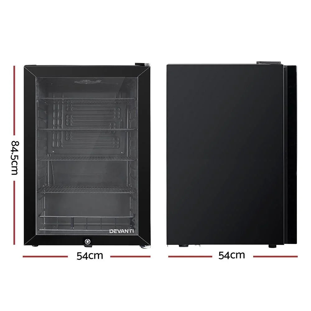 Devanti 115L Glass Door Bar Fridge with Mini Freezer, Adjustable Shelves, LED Light, Black