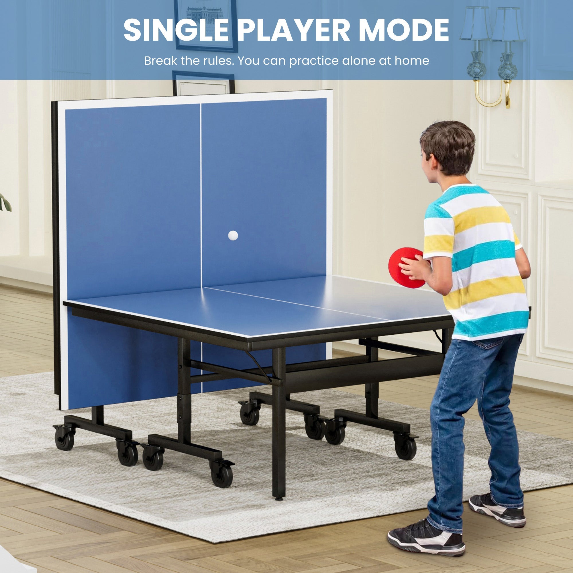 Indoor Table Tennis Table 108 x 60 Inch with 15mm MDF Top, Net and Paddle Set, Foldable Ping Pong Table