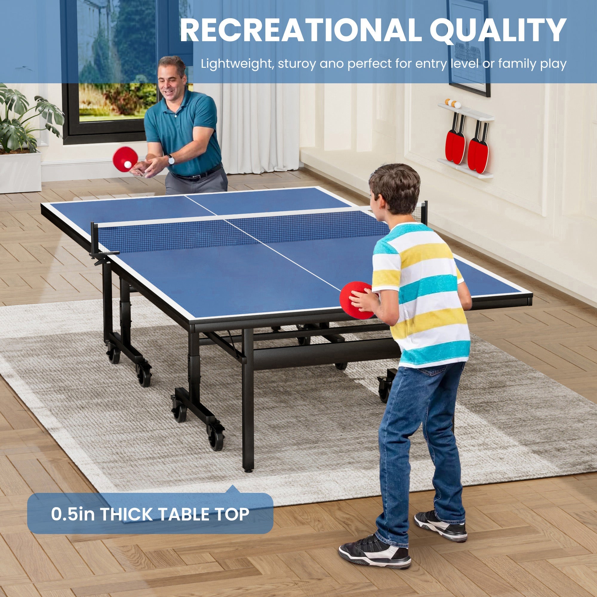 Indoor Table Tennis Table 108 x 60 Inch with 15mm MDF Top, Net and Paddle Set, Foldable Ping Pong Table