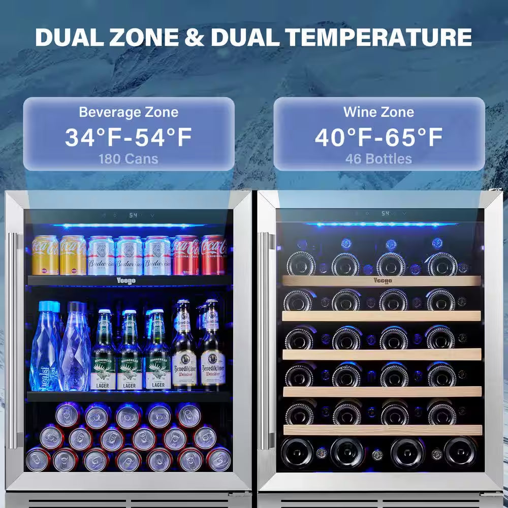 48 In. Dual Zone 52-Wine Bottles 140-Cans Beverage and Wine Cooler Side-By-Side Refrigerator Built-In Fridge in Black