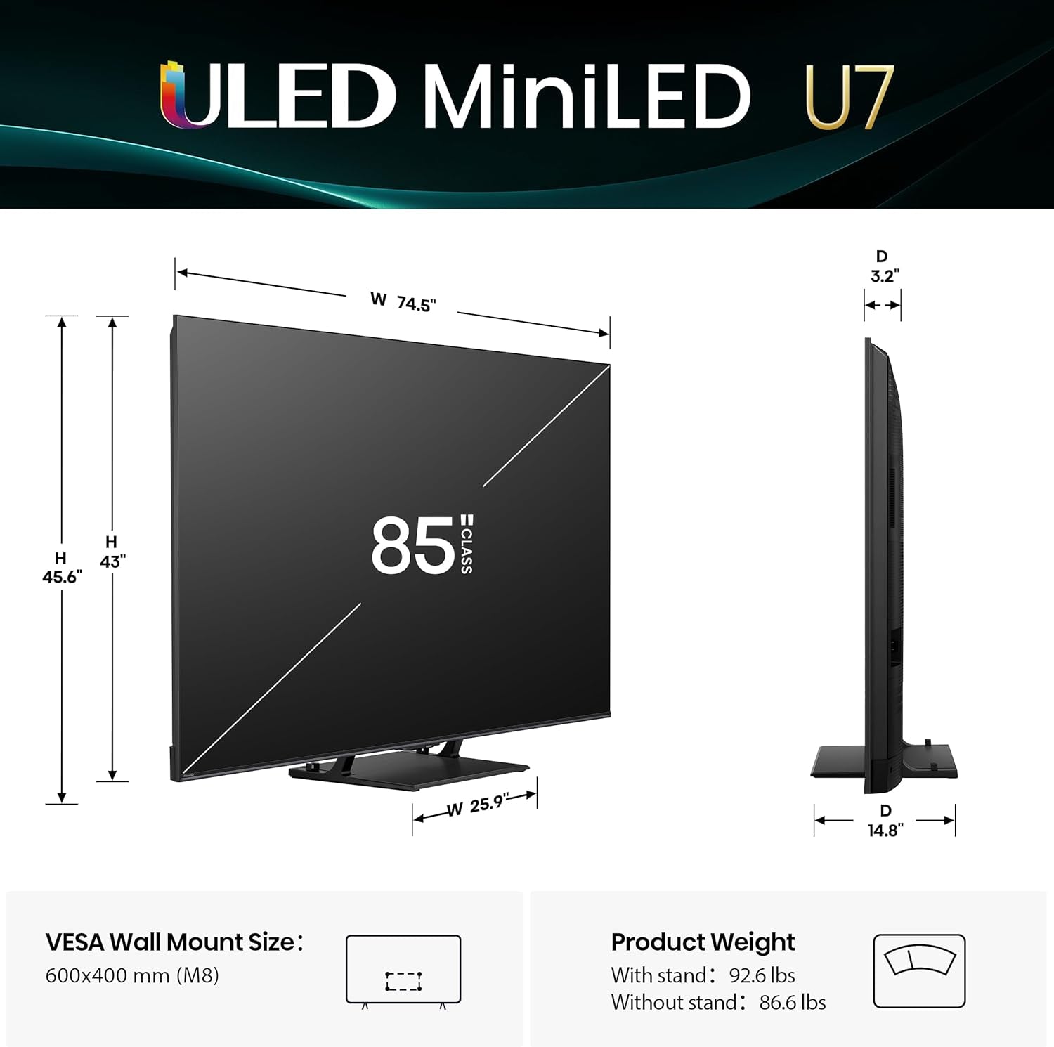 85" U7 Mini-Led ULED 4K UHD Best Premium Gaming Google Smart TV (85U75QG, 2025 Model) - QLED, Native 165Hz, VRR 288, up to 3000 Nits, HDR10+, Dolby Vision IQ · Atmos, IMAX Enhanced, 2.1.2 Ch