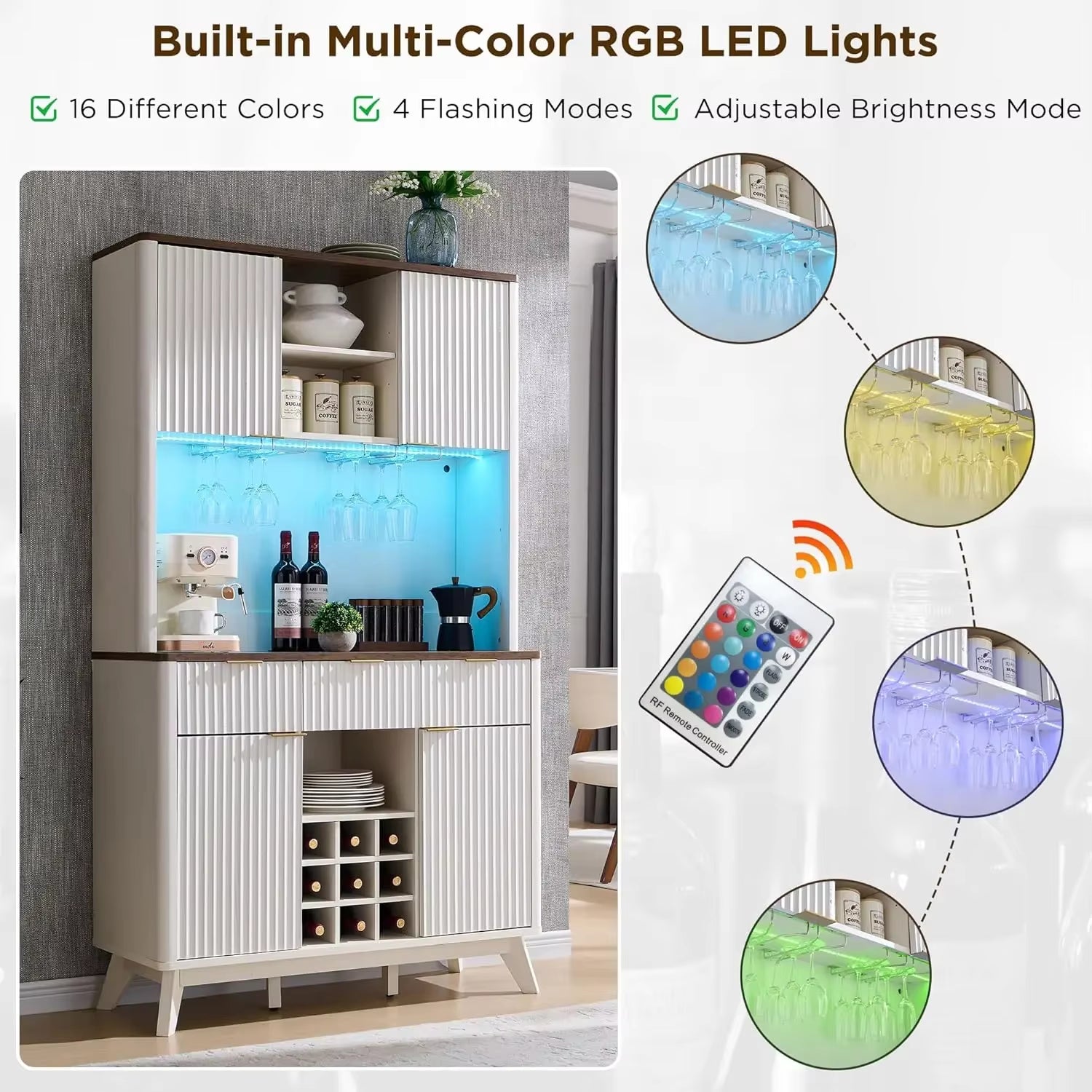 72" Tall Wine Bar Cabinet with Storage Hutch, Modern Wood Fluted Coffee Bar Cabinet with LED Lights and 10 Tier Storage