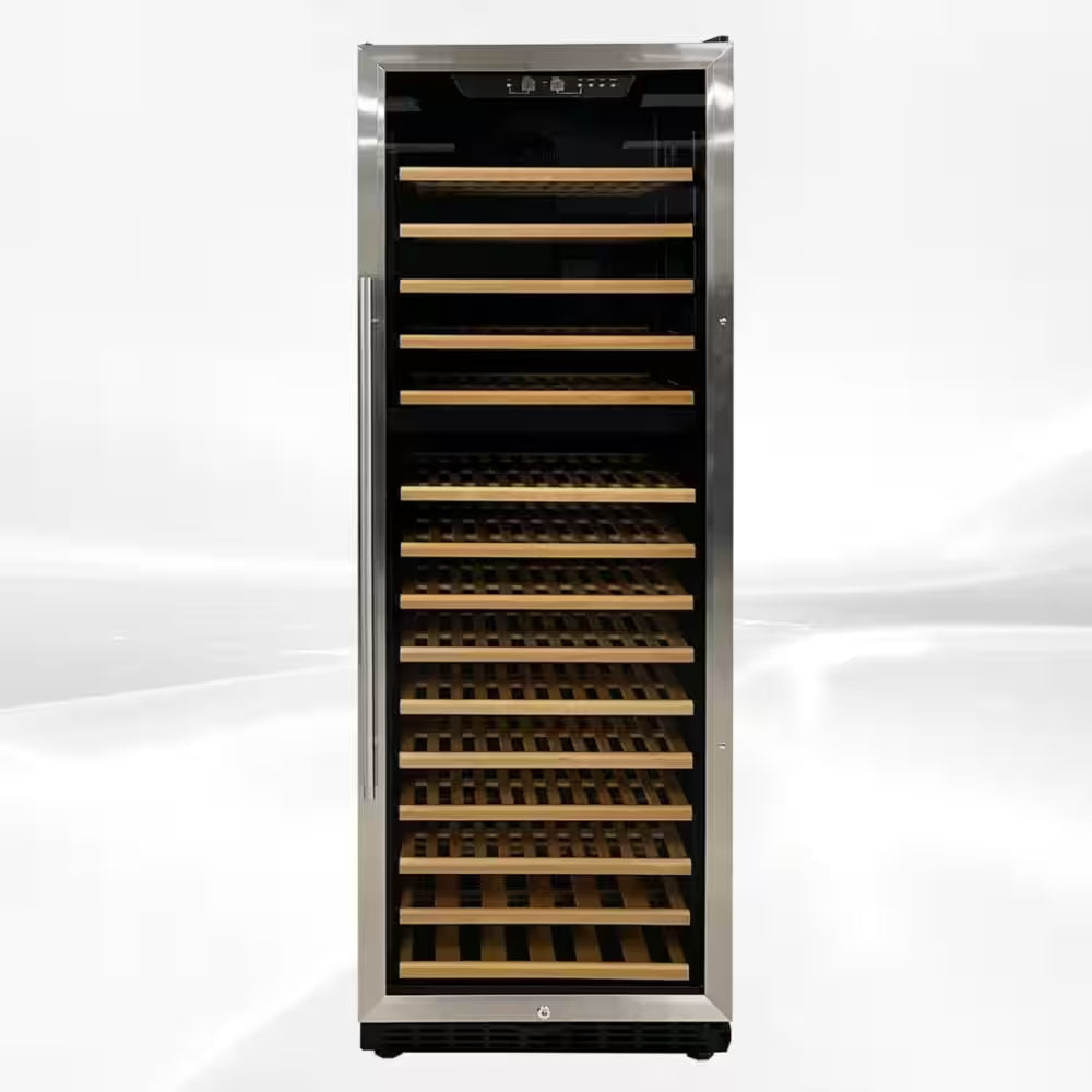 Dual Temperature Zone 23.5 In. W 168-Bottle Glass Door Free Standing Wine Cooler in Black with Wood Shelves