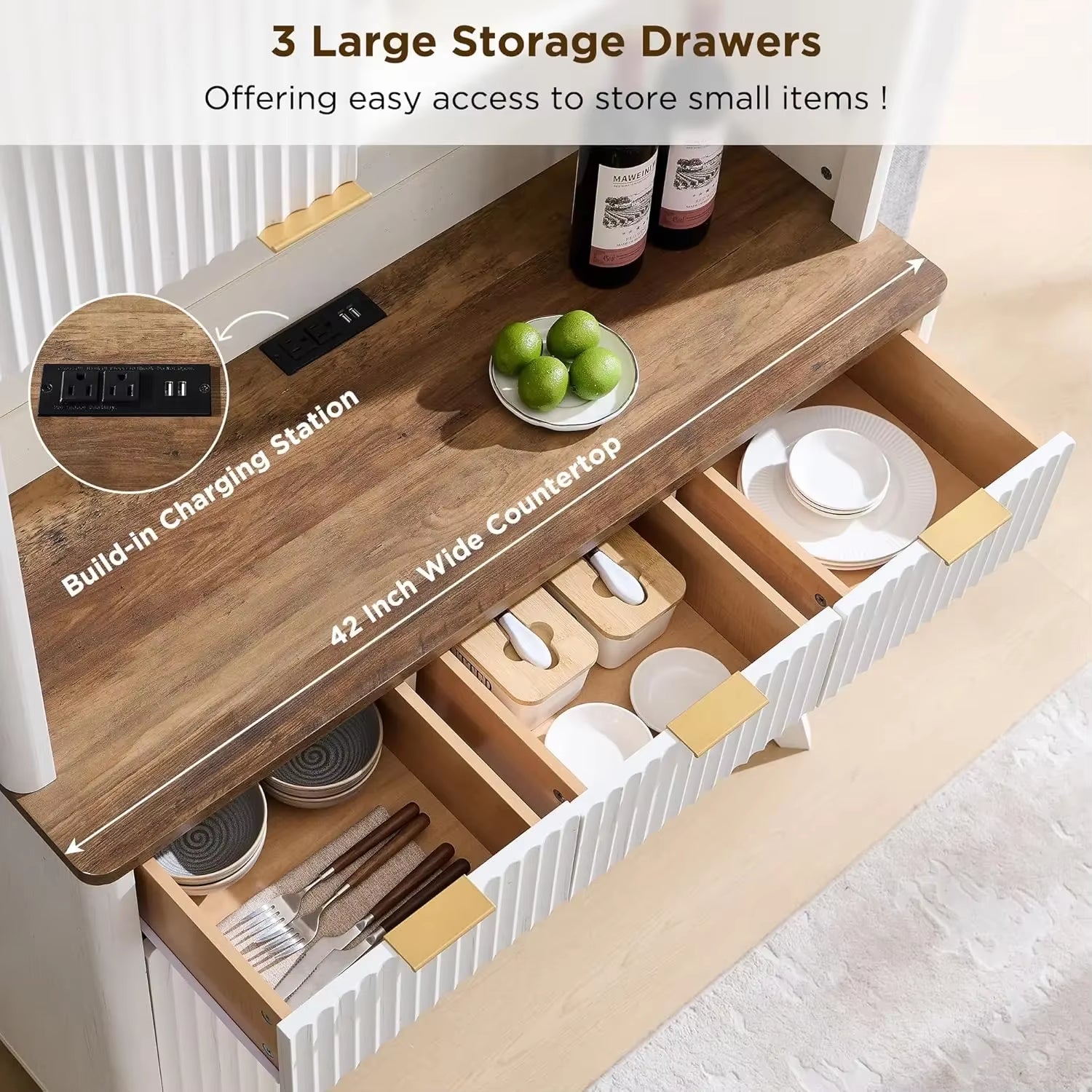 72" Tall Wine Bar Cabinet with Storage Hutch, Modern Wood Fluted Coffee Bar Cabinet with LED Lights and 10 Tier Storage