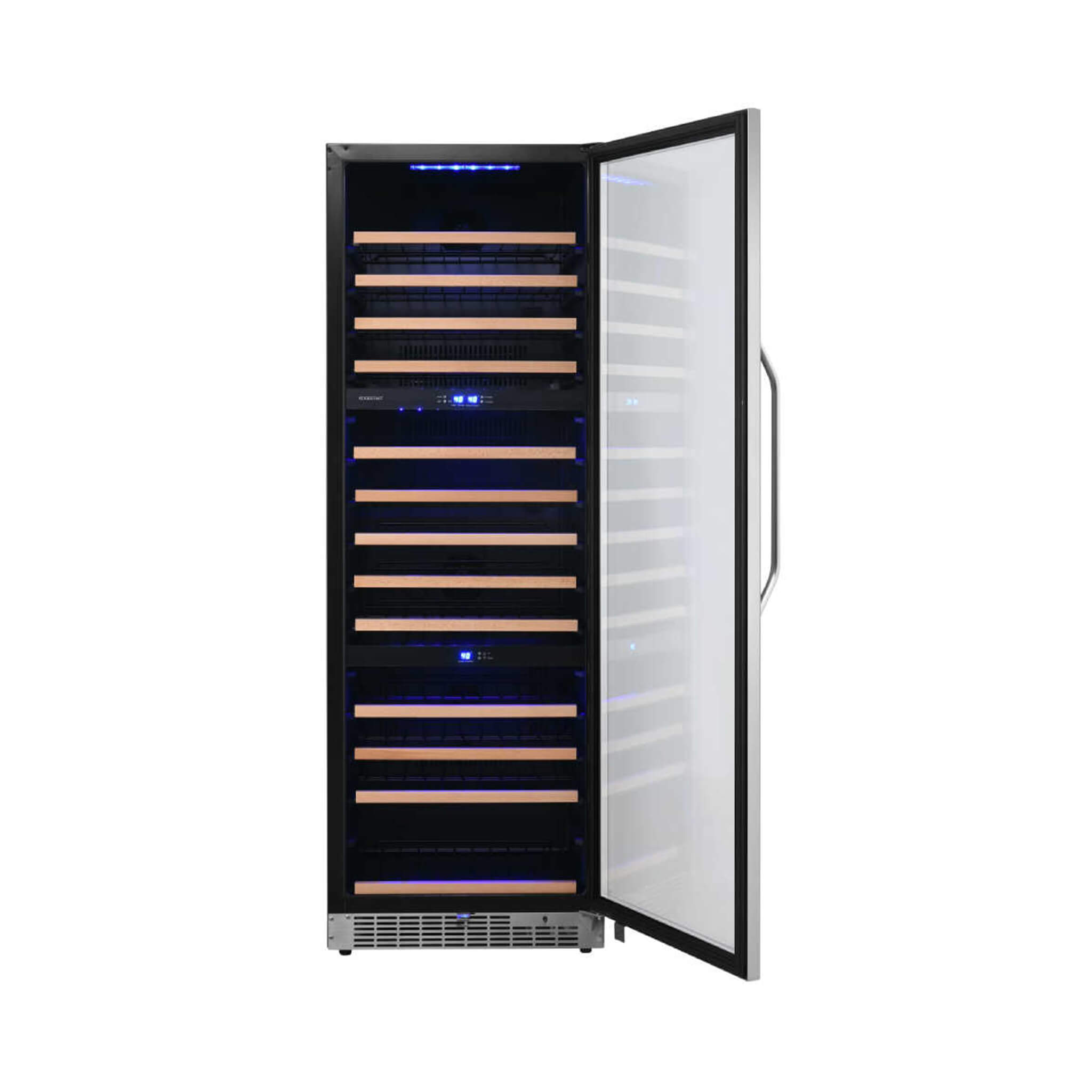 EdgeStar 24-Inch Built-In Triple Zone Wine Cooler, 131 Bottle Capacity, Low-E Glass Door, Blue LED Lighting